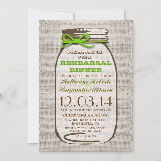 Rustic Burlap Mason Jar Rehearsal Dinner Invitation (Front)