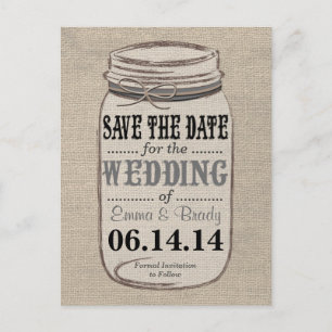 Rustic Burlap Mason Jar Save the Date Black Gray Announcement Postcard