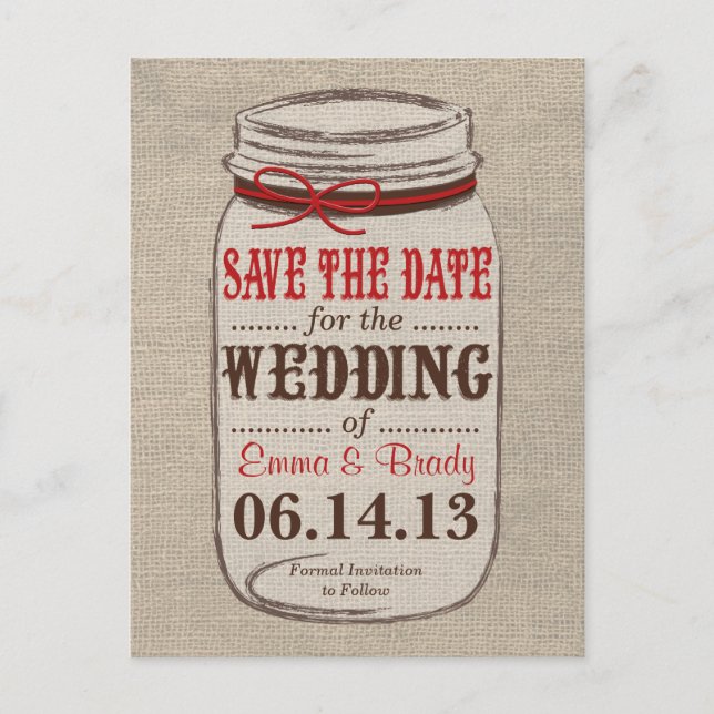 Rustic Burlap & Mason Jar Save the Date Postcard (Front)