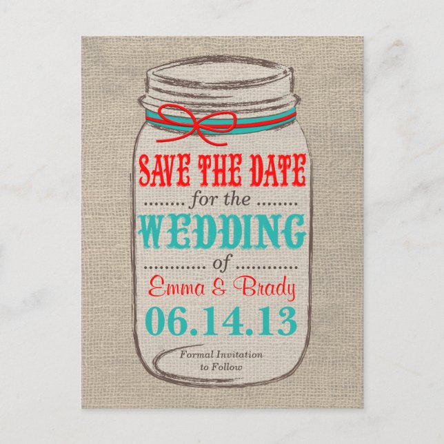 Rustic Burlap & Mason Jar Save the Date Postcard (Front)
