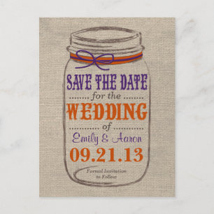 Rustic Burlap & Mason Jar Save the Date Postcard