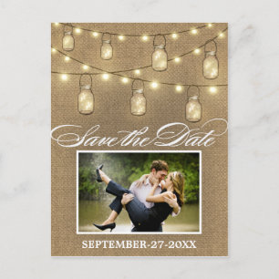 Rustic Burlap Mason Jar Save the Date Postcards