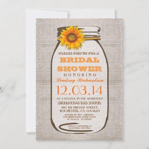 Rustic Burlap Mason Jar Sunflower Bridal Shower Invitation