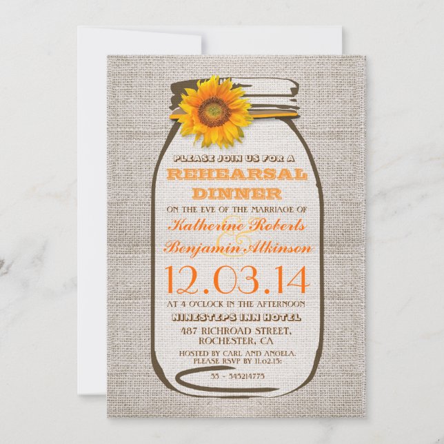 Rustic Burlap Mason Jar Sunflower Rehearsal Dinner Invitation (Front)