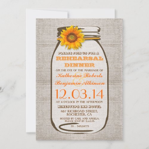 Rustic Burlap Mason Jar Sunflower Rehearsal Dinner Invitation