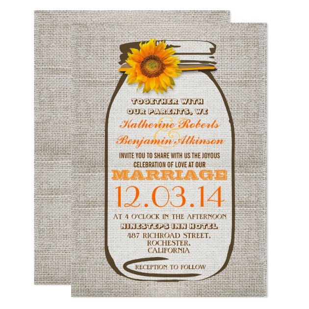 Rustic Burlap Mason Jar Sunflower Wedding Invites