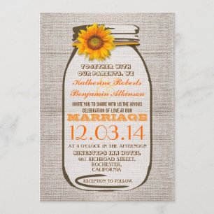 Rustic Burlap Mason Jar Sunflower Wedding Invites