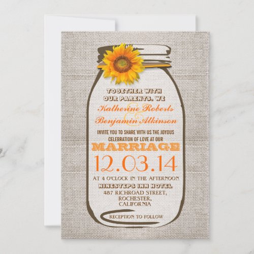 Rustic Burlap Mason Jar Sunflower Wedding Invites