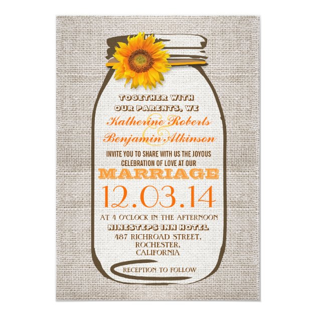 Rustic Burlap Mason Jar Sunflower Wedding Invites