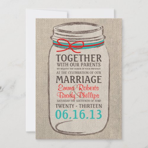 Rustic Burlap &amp; Mason Jar Wedding Invitation