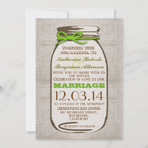 Rustic Burlap Mason Jar Wedding Personalized Invite