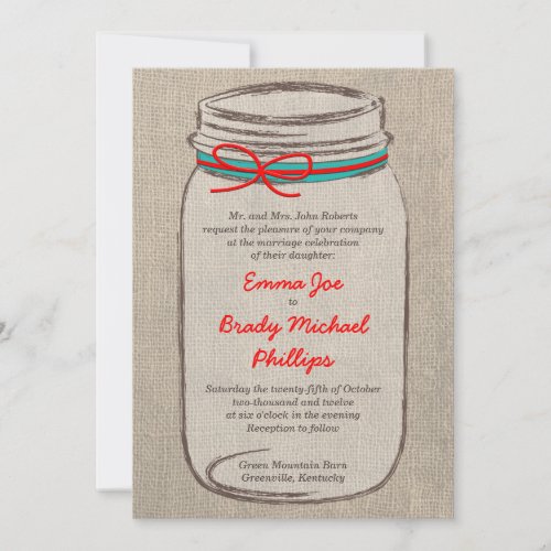 Rustic Burlap &amp; Mason Jar Wedding Invitation
