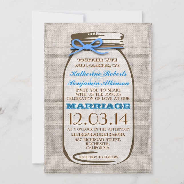 Rustic Burlap Mason Jar Wedding Invitation (Front)