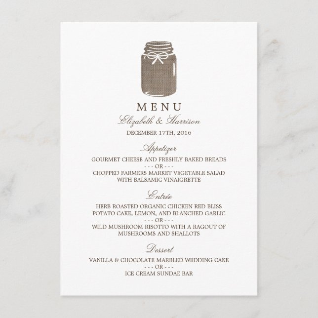 Rustic Burlap Mason Jar Wedding Menu (Front)
