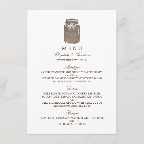 Rustic Burlap Mason Jar Wedding Menu