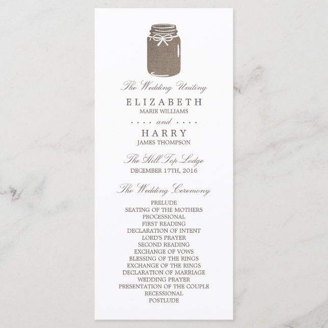 Rustic Burlap Mason Jar Wedding Program (Front)