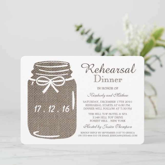 Rustic Burlap Mason Jar Wedding Rehearsal Dinner Invitation (Standing Front)