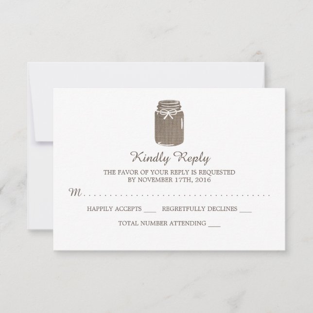 Rustic Burlap Mason Jar Wedding RSVP Card (Front)