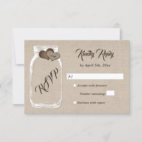 Rustic Burlap Mason Jar Wedding RSVP Card