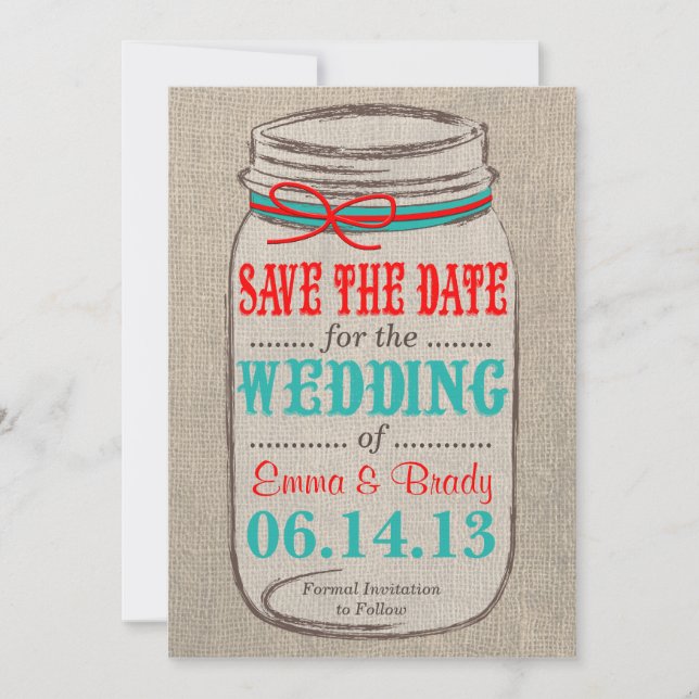 Rustic Burlap & Mason Jar Wedding Save the Date (Front)