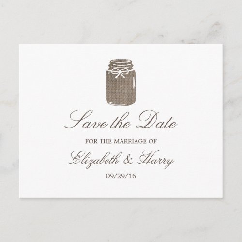 Rustic Burlap Mason Jar Wedding Save The Date Announcement Postcard
