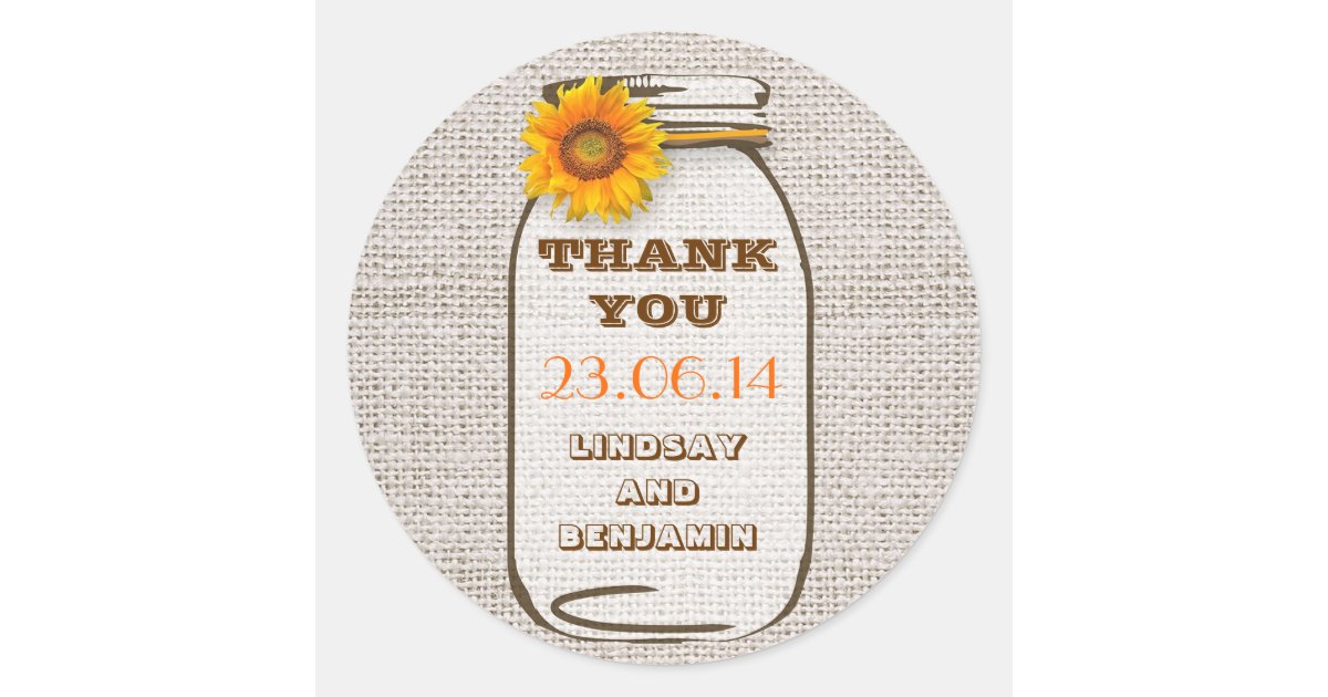 Rustic Burlap Mason Jar Wedding Sunflower Classic Round Sticker | Zazzle