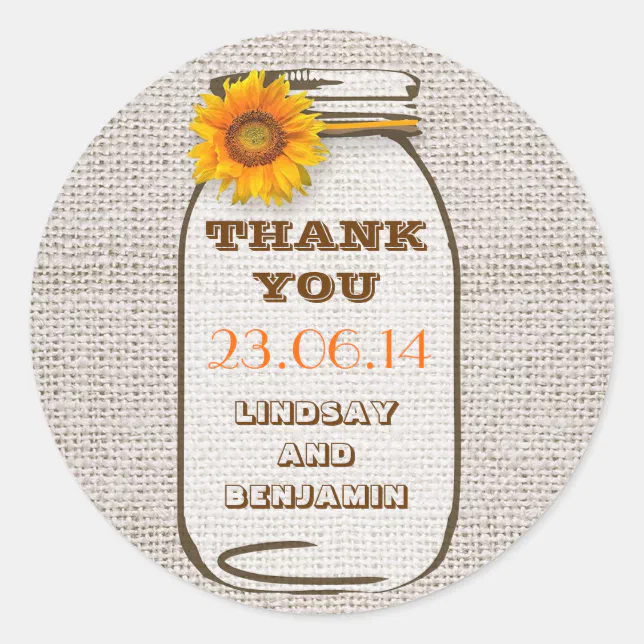 Rustic Burlap Mason Jar Wedding Sunflower Classic Round Sticker | Zazzle