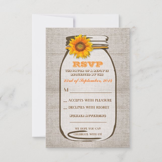 Rustic Burlap Mason Jar Wedding Sunflower RSVP (Front)