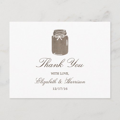 Rustic Burlap Mason Jar Wedding Thank You Postcard