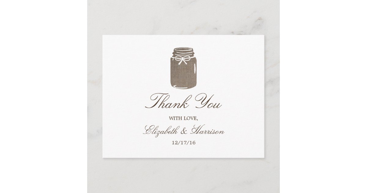 Rustic Burlap Mason Jar Wedding Thank You Postcard | Zazzle