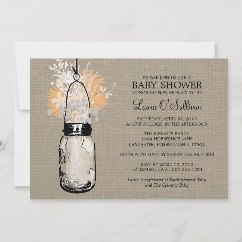 Rustic Burlap Mason Jar Wildflowers Baby Shower Invitation