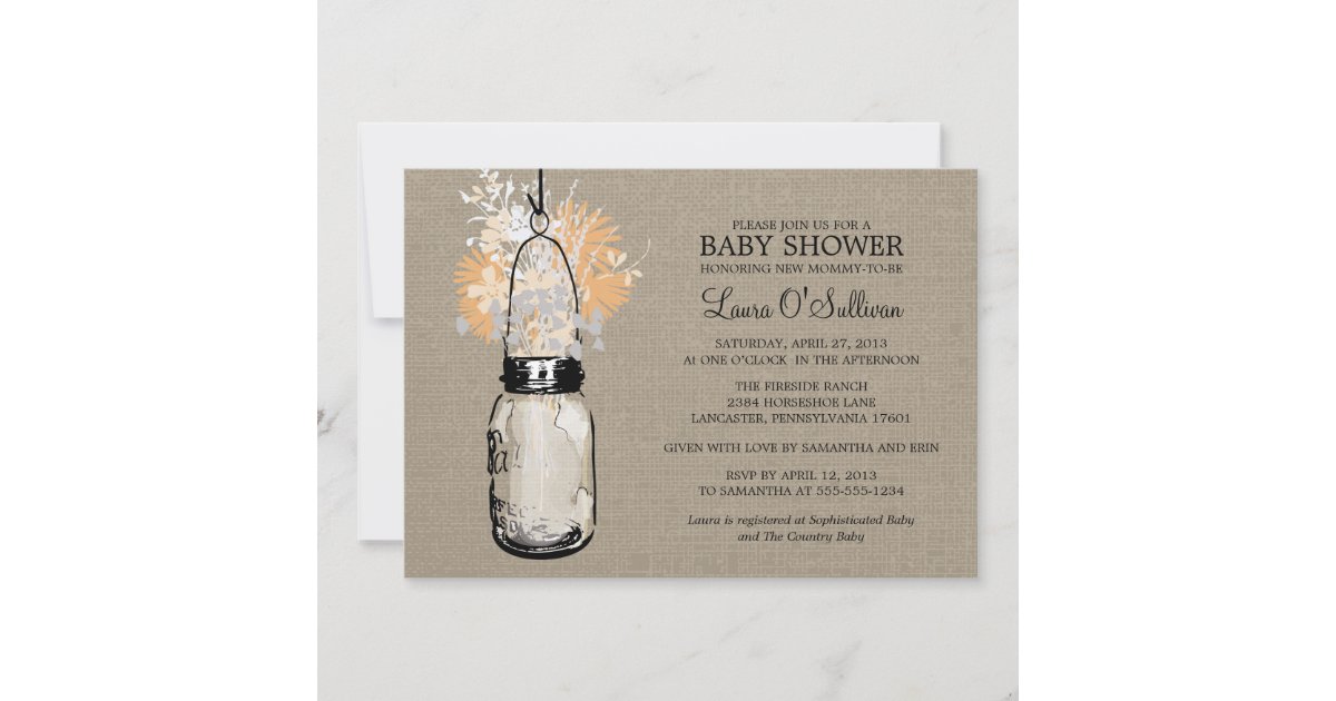 Rustic Burlap Mason Jar Wildflowers Baby Shower Invitation | Zazzle.com