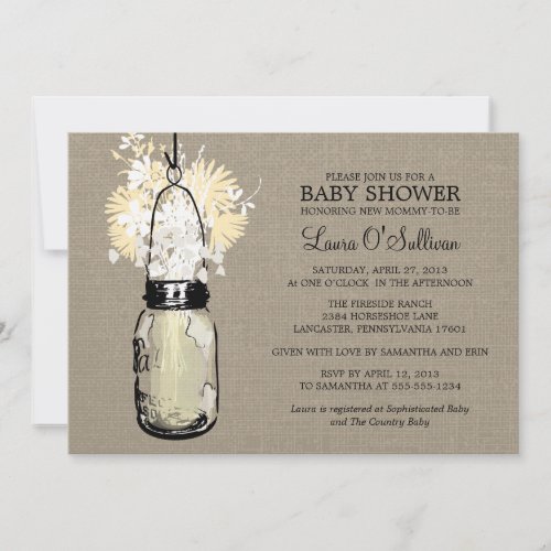 Rustic Burlap Mason Jar Wildflowers Baby Shower Invitation