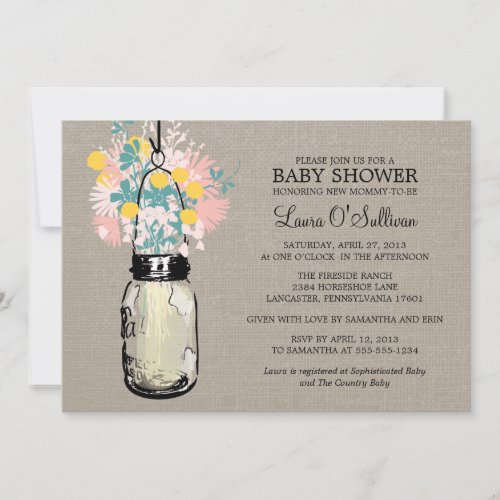 Rustic Burlap Mason Jar Wildflowers Baby Shower Announcement