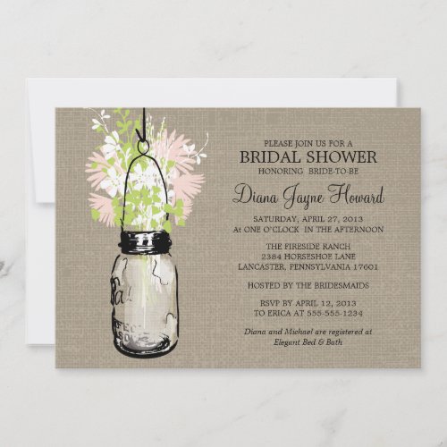 Rustic Burlap Mason Jar Wildflowers Bridal Shower Invitation