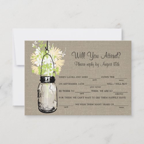 Rustic Burlap Mason Jar Wildflowers LIB RSVP