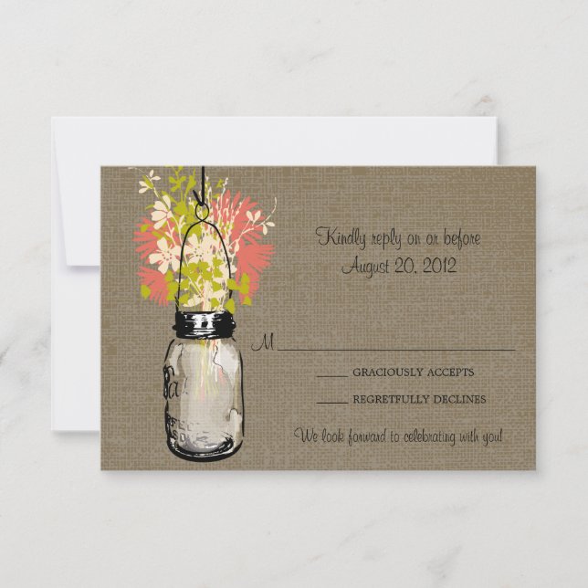 Rustic Burlap Mason Jar & Wildflowers RSVP Card (Front)