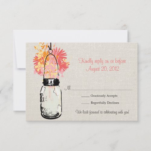 Rustic Burlap Mason Jar  Wildflowers RSVP Card