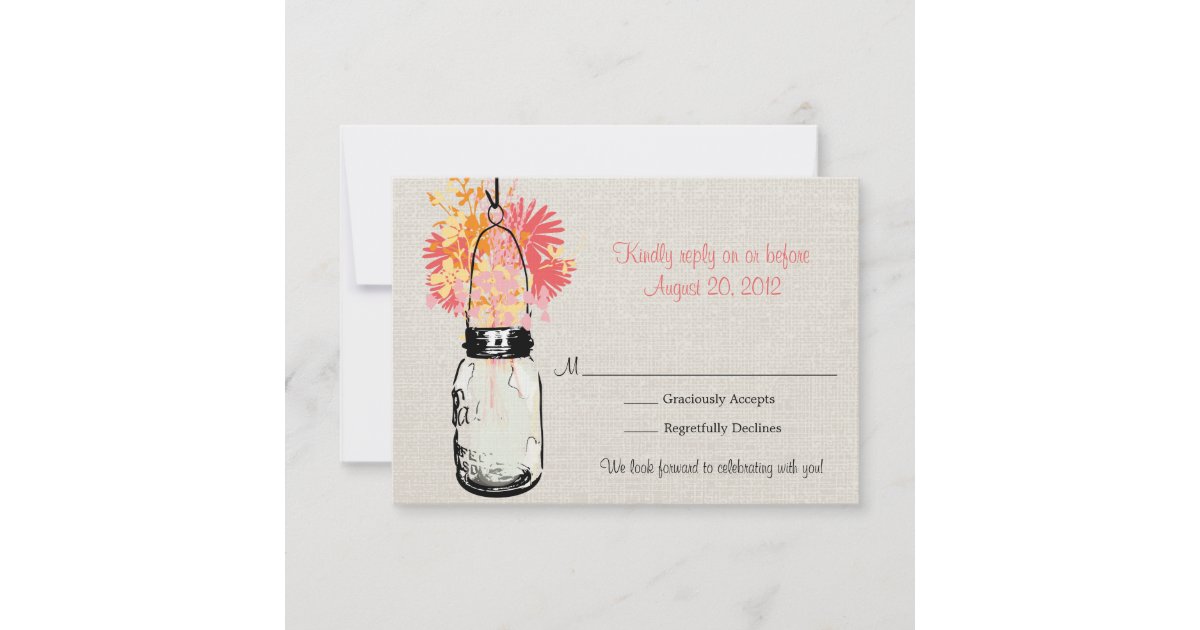 Rustic Burlap Mason Jar And Wildflowers Rsvp Card Zazzle