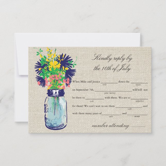 Rustic Burlap Mason Jar & Wildflowers RSVP Lib Card (Front)