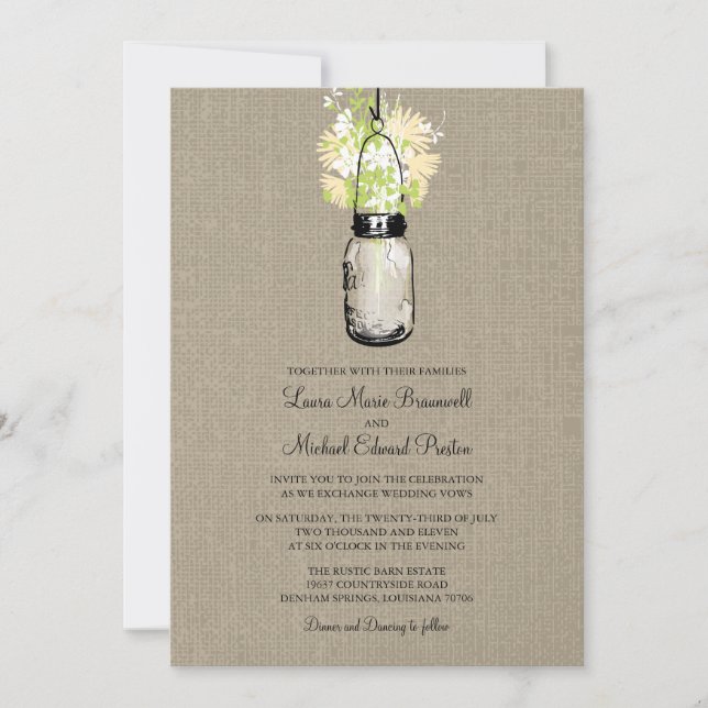 Rustic Burlap Mason Jar Wildflowers Wedding Invitation (Front)