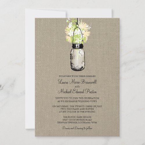 Rustic Burlap Mason Jar Wildflowers Wedding Invitation