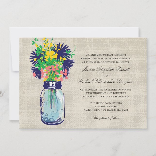 Rustic Burlap Mason Jar Wildflowers Wedding Invitation (Front)
