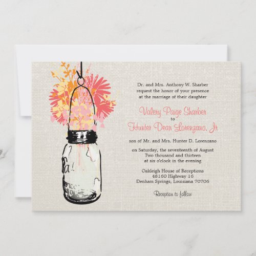 Rustic Burlap Mason Jar Wildflowers Wedding Invitation