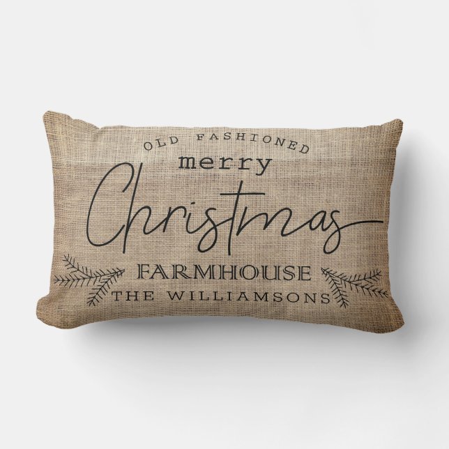 Rustic Burlap Merry Christmas Farmhouse Name  Lumbar Pillow (Front)