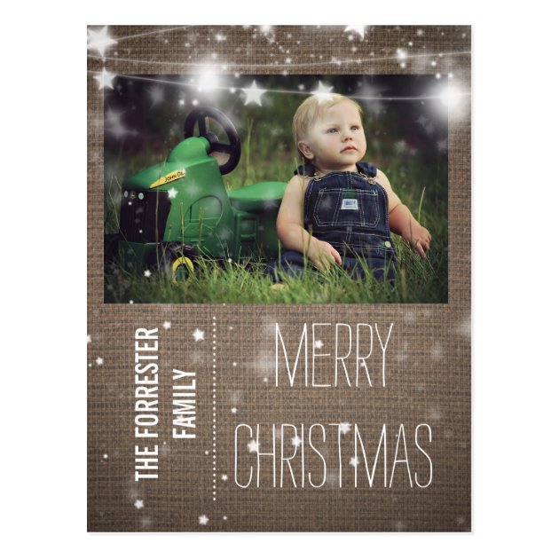 Rustic Burlap Merry Christmas Stars Family Photo Postcard