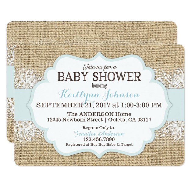 Rustic Burlap Modern Lace Blue Boy Baby Shower Invitation