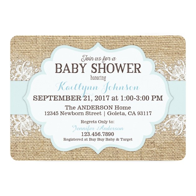 Rustic Burlap Modern Lace Blue Boy Baby Shower Invitation