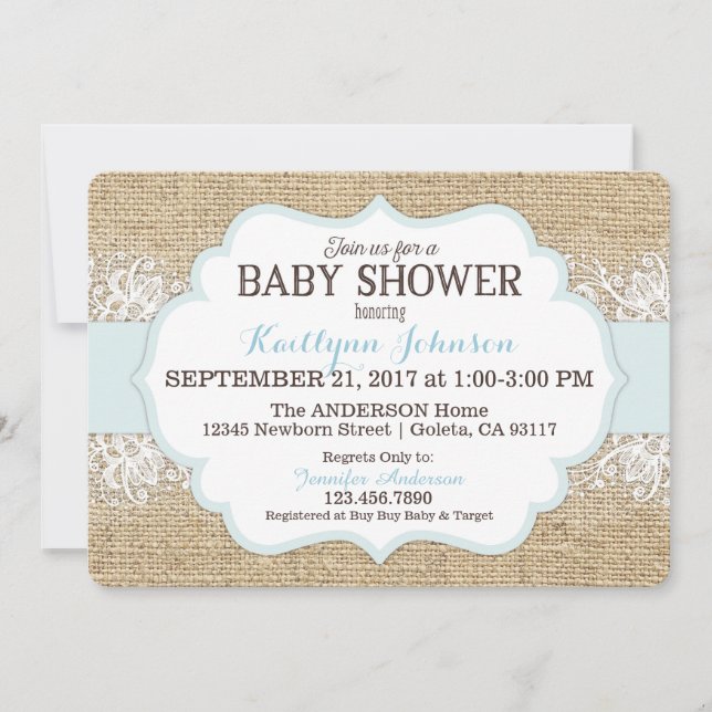 Rustic Burlap Modern Lace Blue Boy Baby Shower Invitation (Front)