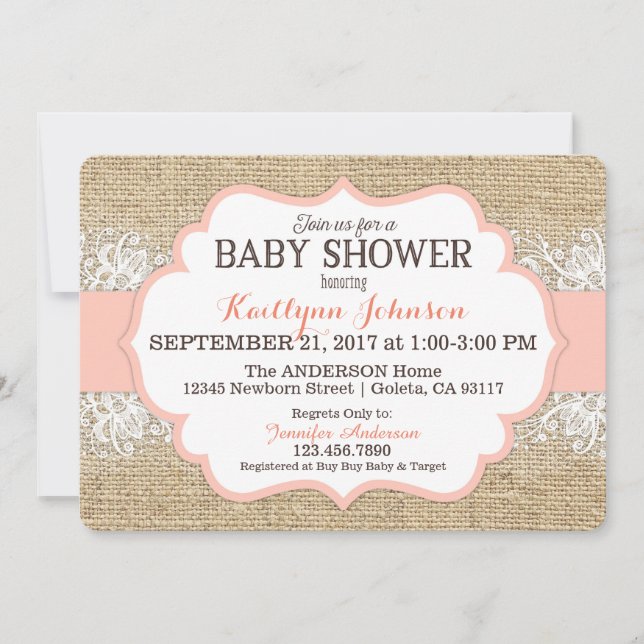 Rustic Burlap Modern Lace Coral Girl Baby Shower Invitation (Front)